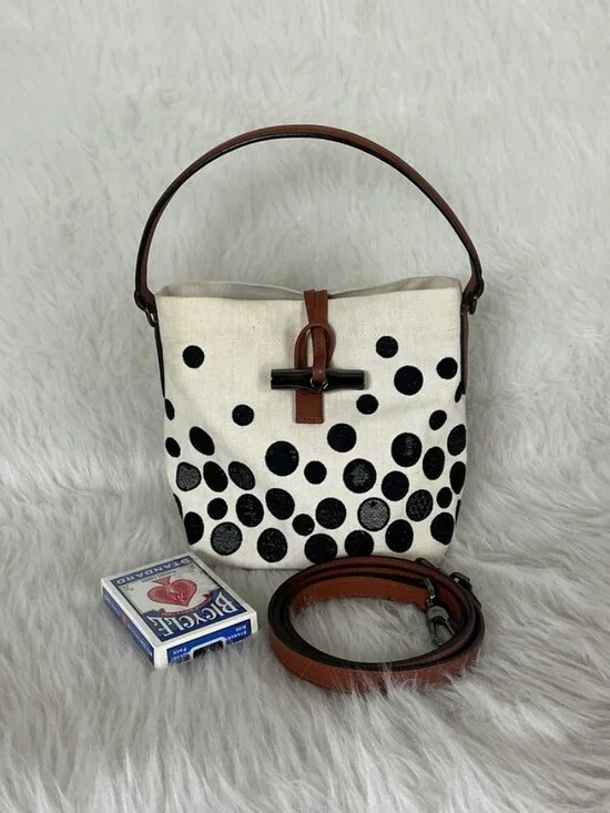 Longchamp Roseau Essential Ivory Black Polka Dot Fabric Small Bucket Bag - Picture 3 of 12